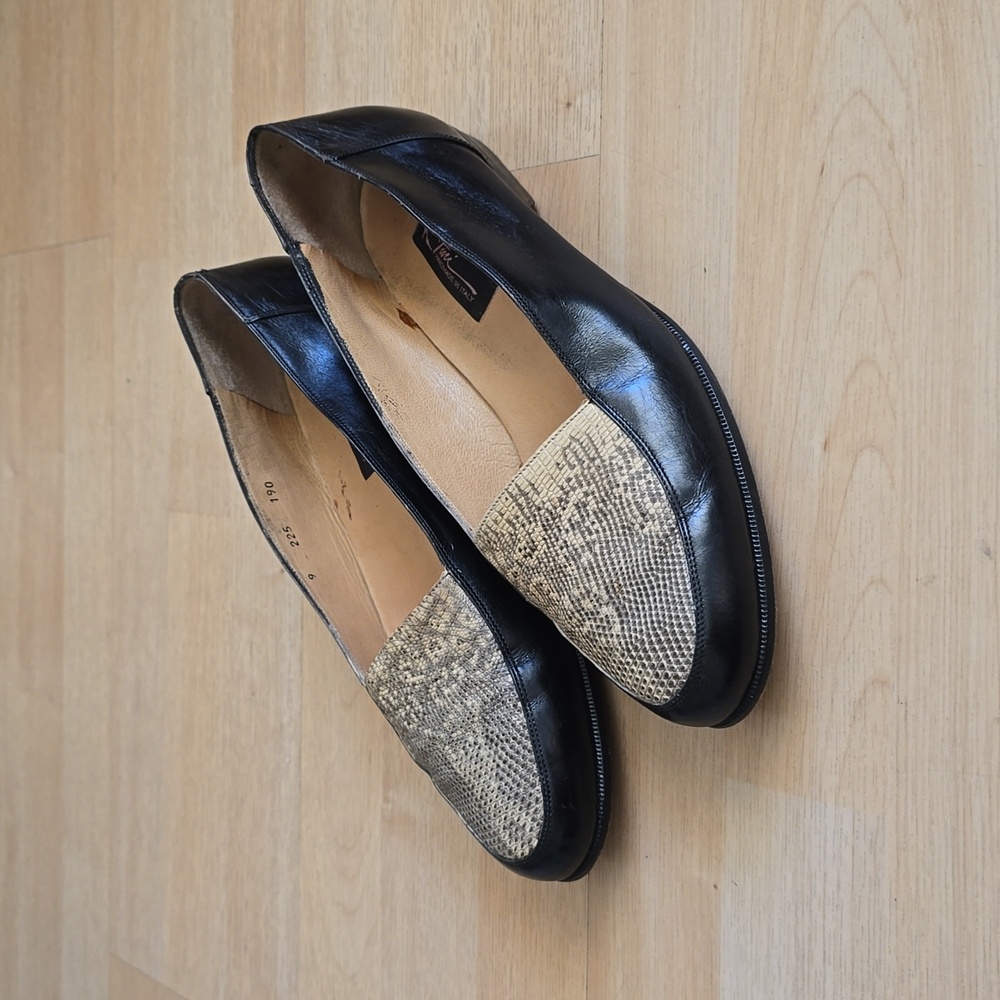 Di Fiori Handmade in Italy Black Leather Snakeskin Pattern Loafers Flats Size 9